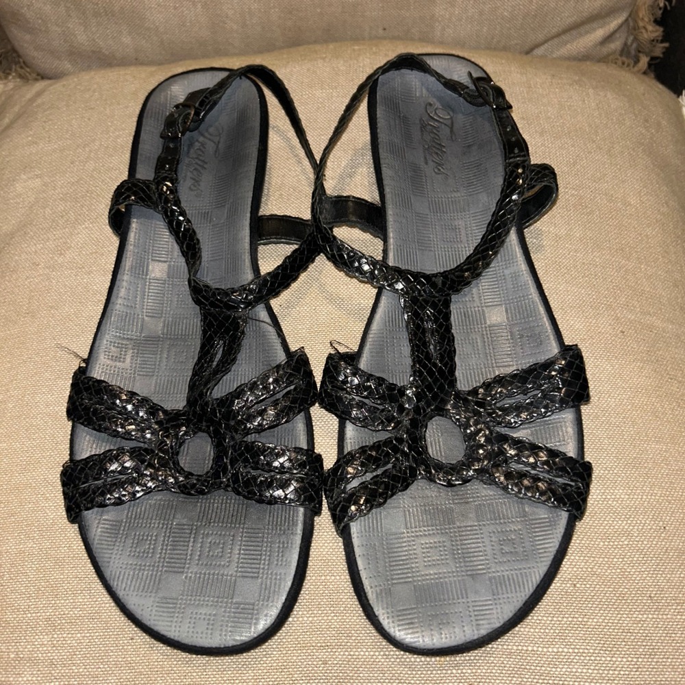 Black Braided Strappy Sandals Womens 12M Trotters Flat Boho Slingback Comfort